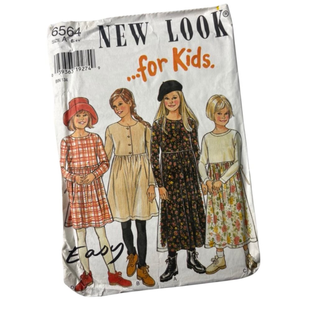 NEW LOOK | Vintage 1990s Sewing Pattern 6564 Kids Long Sleeve Dress | Size 6-11